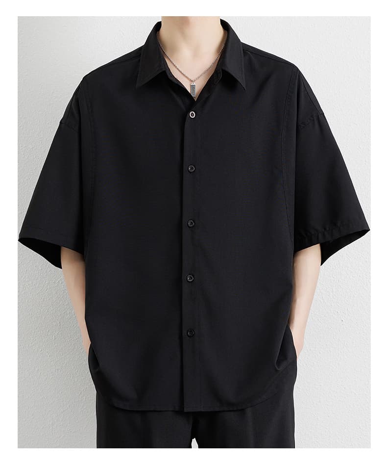 メンズ 黒 ファッション ワイドシルエット半袖シャツ