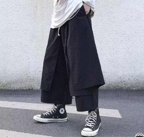 メンズ 黒 ファッション 暗黒系レイヤード九分丈ワイドパンツ