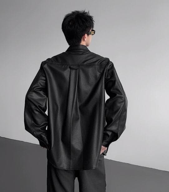 メンズ 黒 ファッション 黒合皮長袖シャツ 男性用カジュアルトップス