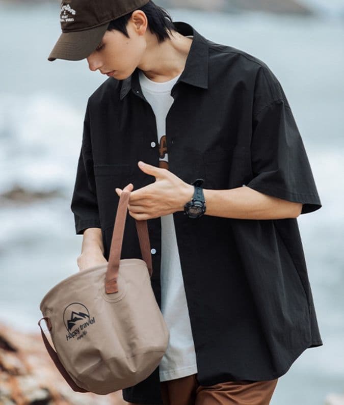 メンズ 黒 ファッション シャツ シンプル半袖オーバーシャツ