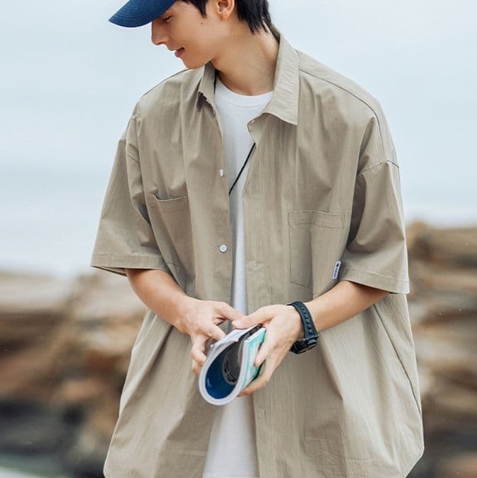 メンズ 黒 ファッション シャツ シンプル半袖オーバーシャツ