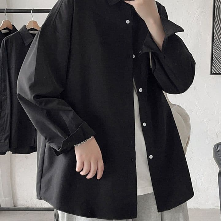 メンズ 黒 ファッション シャツ ゆったりシルエット長袖リラックスシャツ