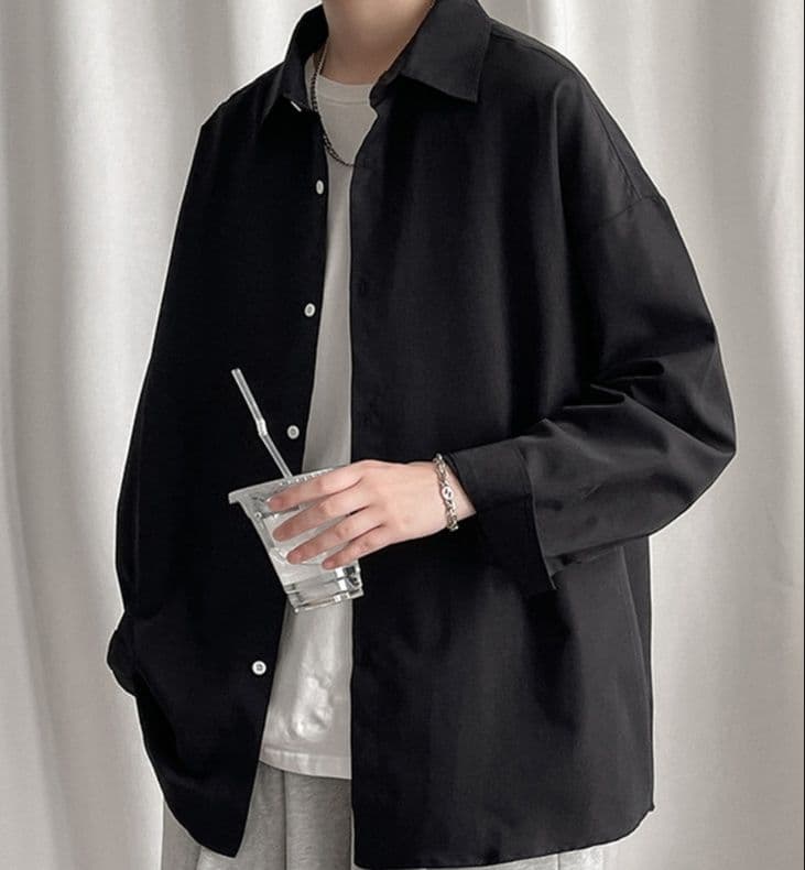 メンズ 黒 ファッション シャツ ゆったりシルエット長袖リラックスシャツ