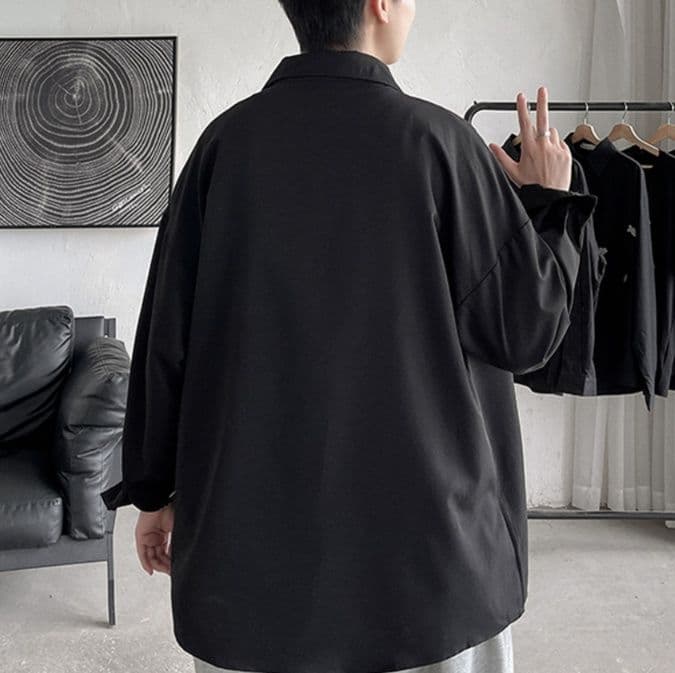 メンズ 黒 ファッション シャツ ゆったりシルエット長袖リラックスシャツ