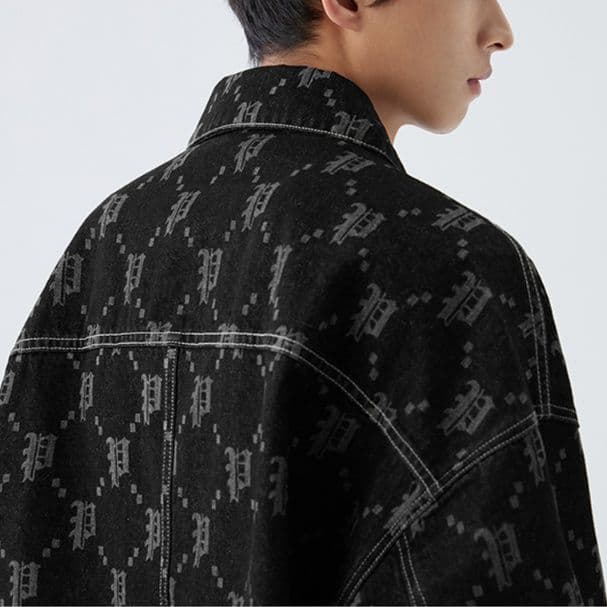 メンズ黒ファッション ジャケット モノグラム刺繍デニム