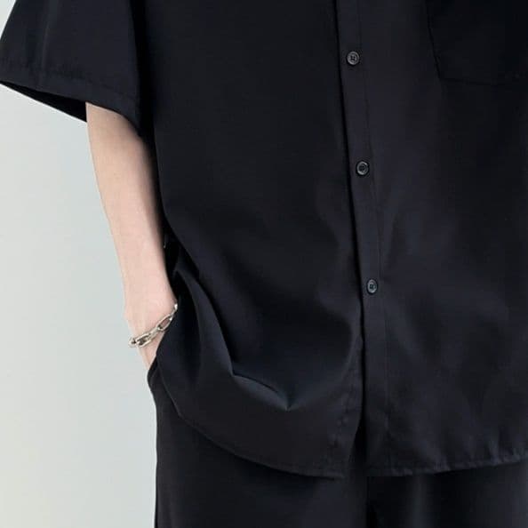 メンズ黒ファッション シャツ モダン半袖ゆったり