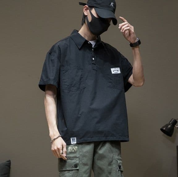 メンズ黒ファッション シャツ シンプル半袖胸ポケット付き
