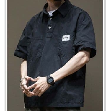 メンズ黒ファッション シャツ シンプル半袖胸ポケット付き