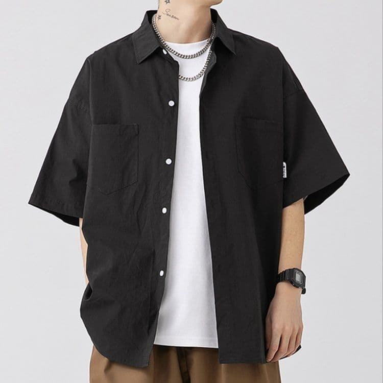 メンズ黒ファッション シャツ ワイドシルエット半袖