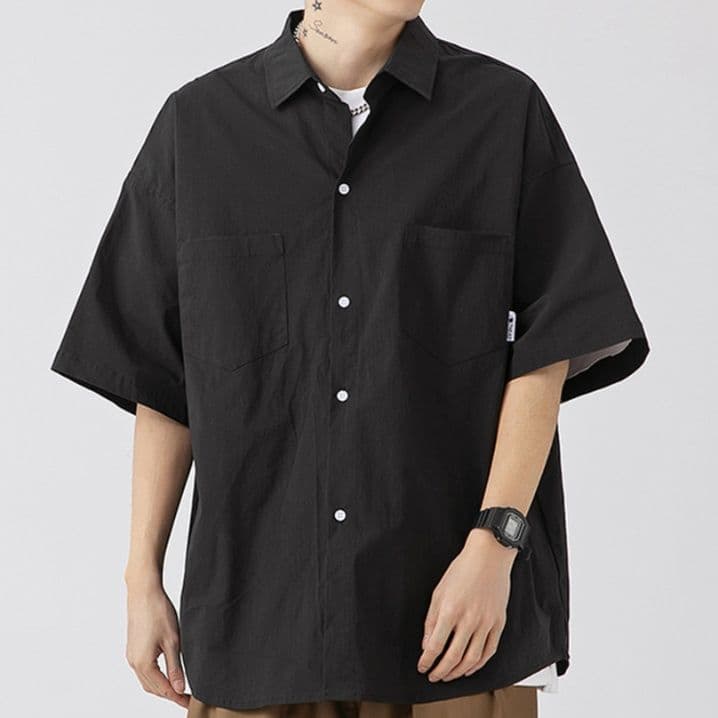 メンズ黒ファッション シャツ ワイドシルエット半袖