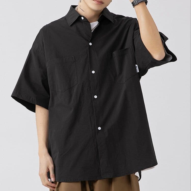 メンズ黒ファッション シャツ ワイドシルエット半袖