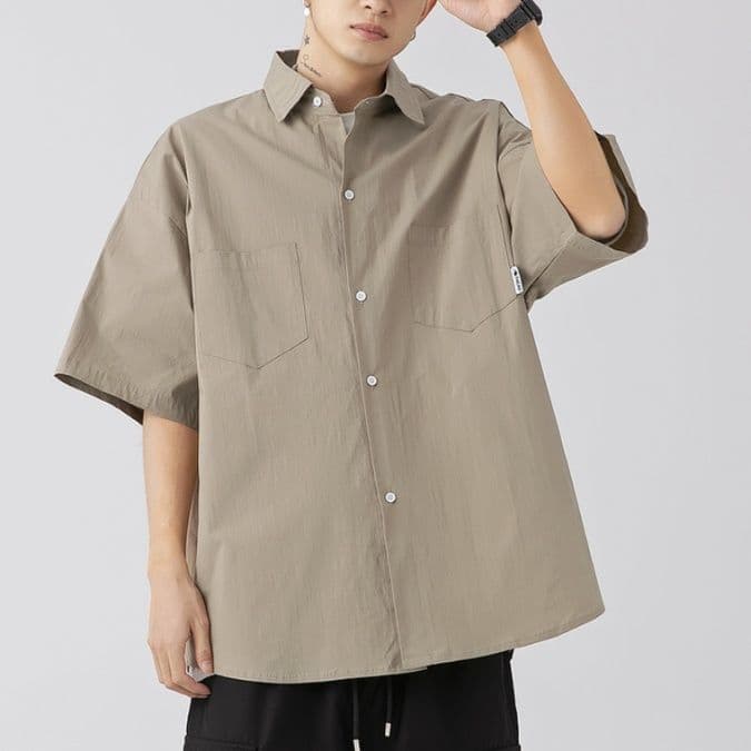 メンズ黒ファッション シャツ ワイドシルエット半袖