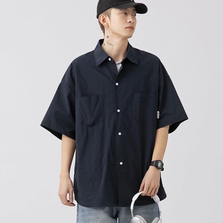 メンズ黒ファッション シャツ ワイドシルエット半袖