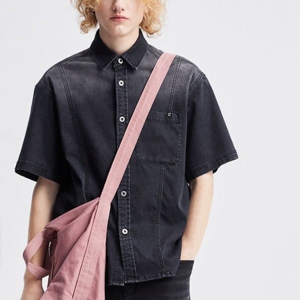 メンズ黒ファッション シャツ ストリート風半袖デニム