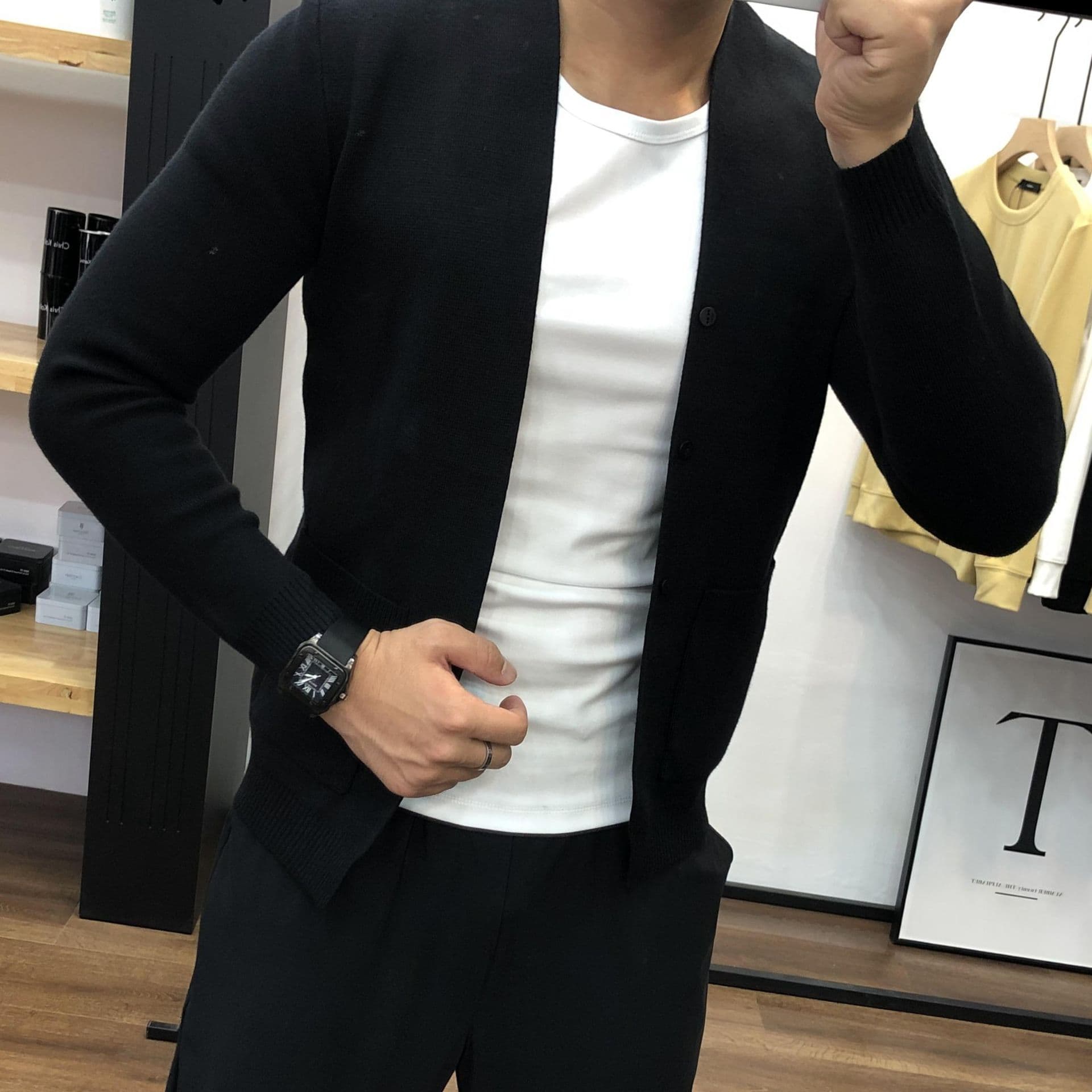メンズ黒ファッション カーディガン シンプル上質ニット