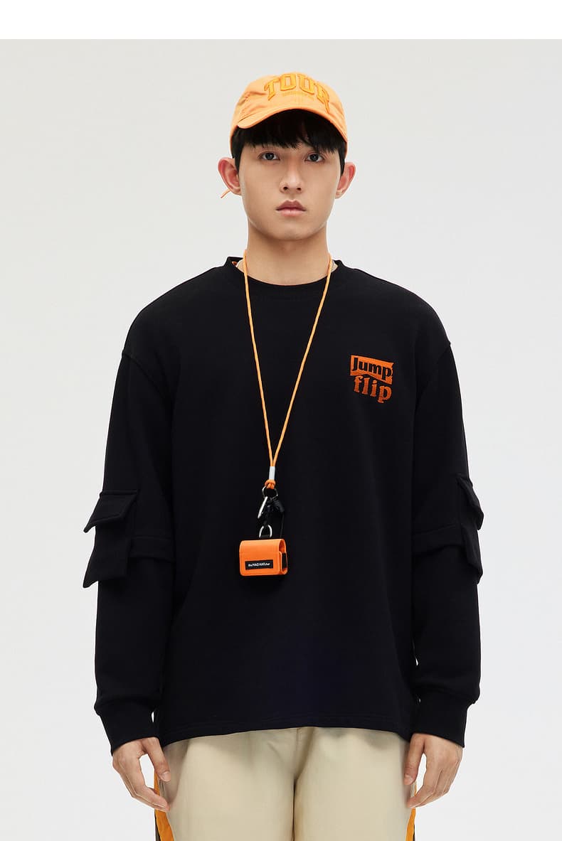 メンズ黒ファッション スウェット マルチポケット ストリートスウェット