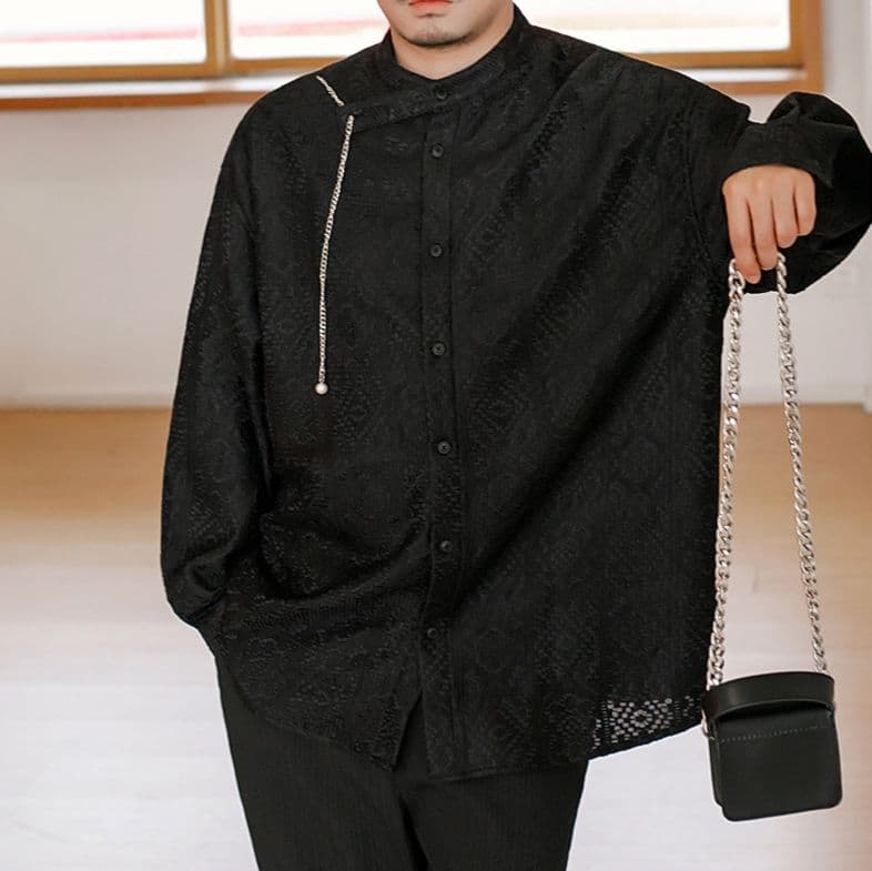 メンズ 黒 ファッション 和風柄織り チェーン付きシャツ