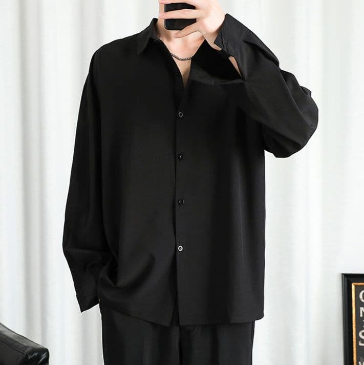 メンズ 黒 ファッション シンプル美シルエット 長袖開襟シャツ