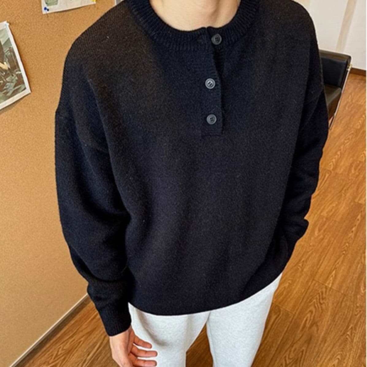 メンズ 黒 ファッション スタンドカラー ニットプルオーバーシャツ