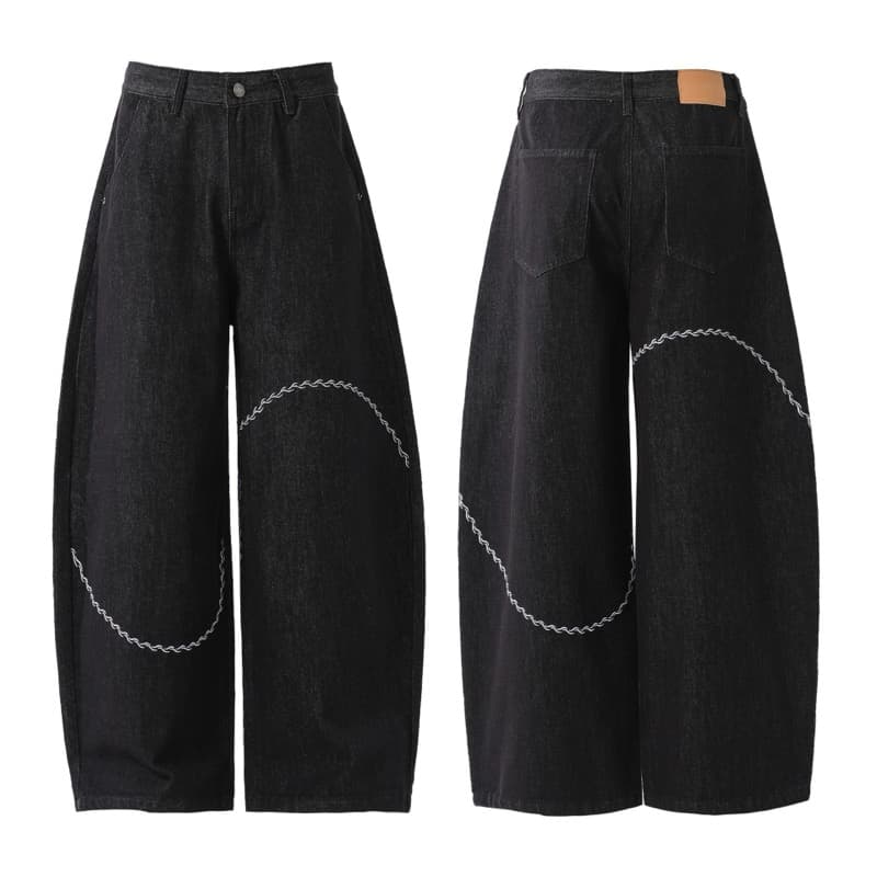 メンズ 黒 ファッション メンズ黒デニム刺繍入りワイドパンツ