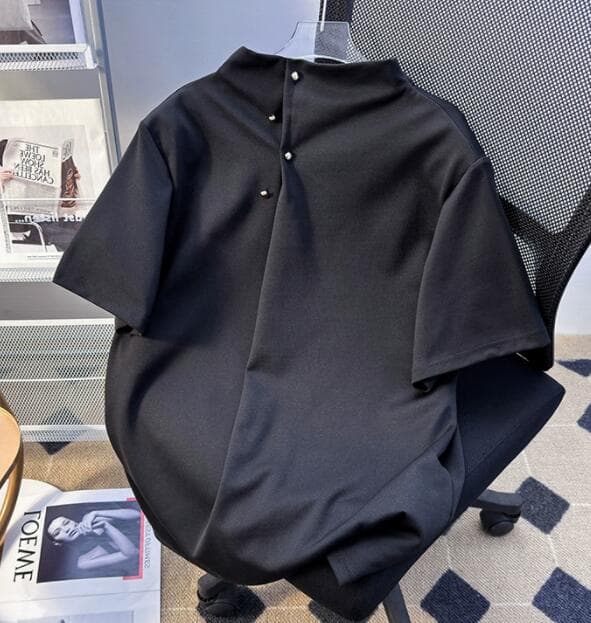 メンズ 黒 ファッション メンズ 黒 半袖 立ち襟 シャツ カジュアル