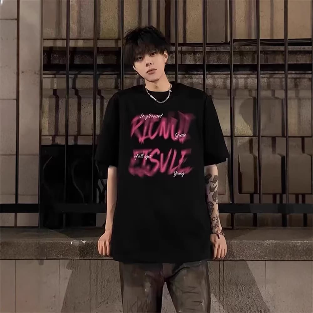 メンズ 黒 ファッション ストリート系グラフィティ半袖シャツ