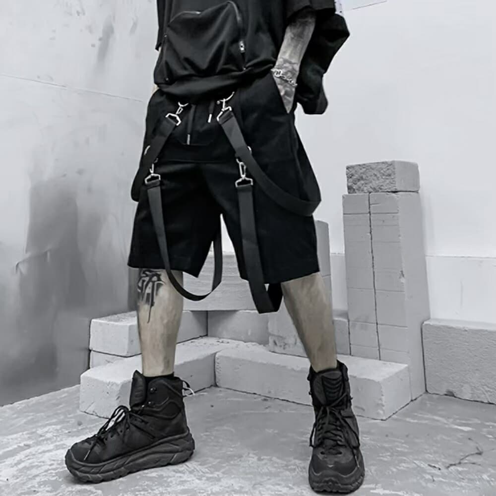 メンズ 黒 ファッション 黒カーゴハーフパンツ ベルト付き膝丈ボトムス