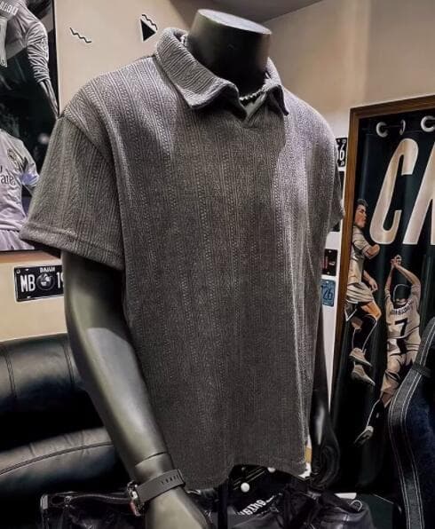 メンズ 黒 ファッション メンズ黒ニットポロシャツ半袖カジュアルトップス
