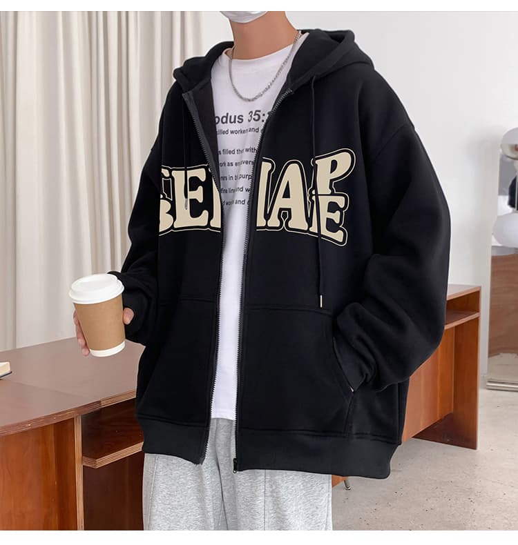 メンズ 黒 ファッション パーカー ビッグロゴ ジップアップ パーカー