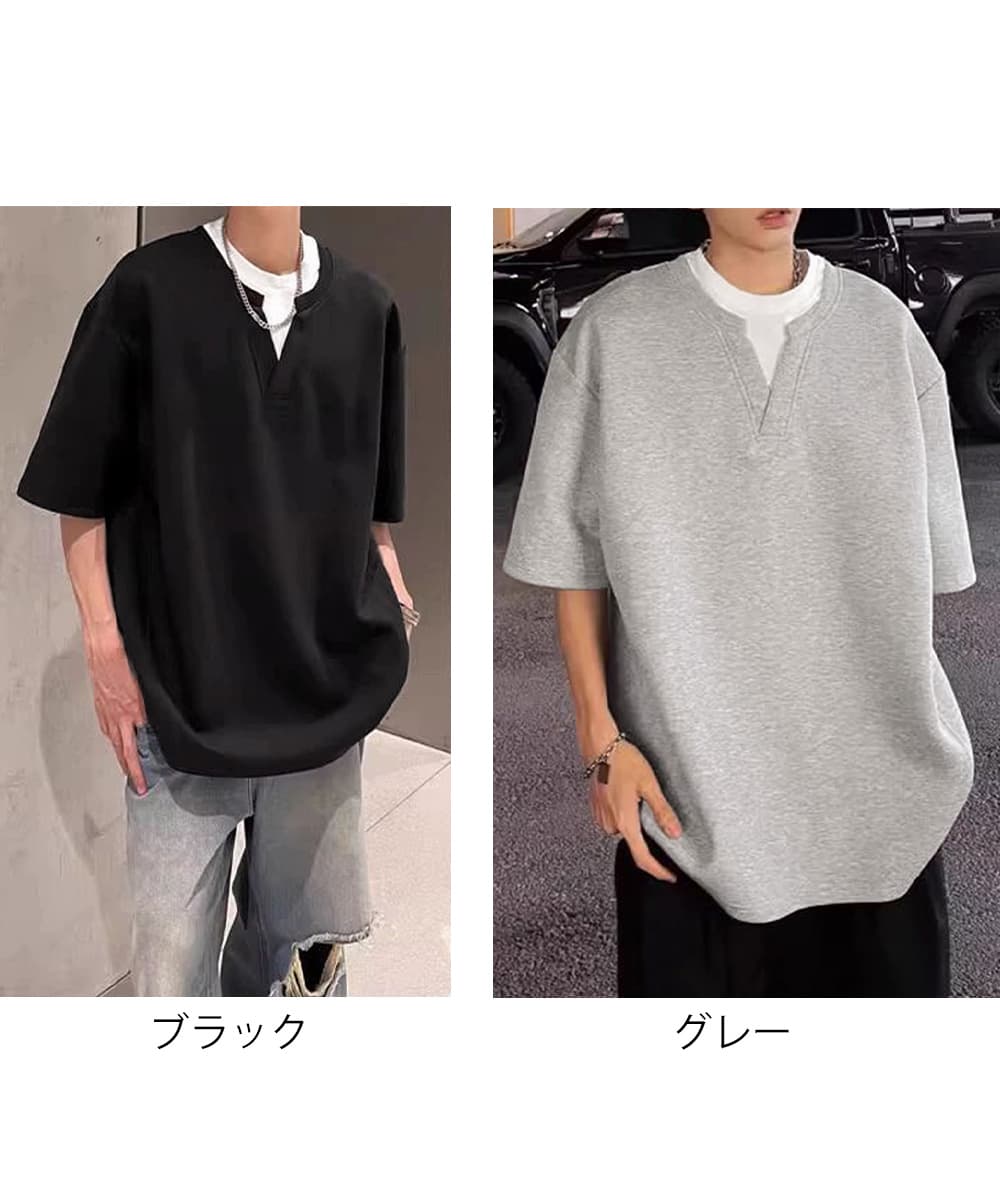 メンズ 黒 ファッション 半袖重ね着風カットソー メンズ黒五分袖