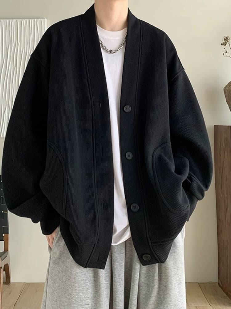 メンズ黒ファッション カーディガン リブ編みオーバーサイズ