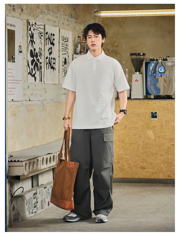 メンズ黒ファッション ポロシャツ 平和マークダメージ加工