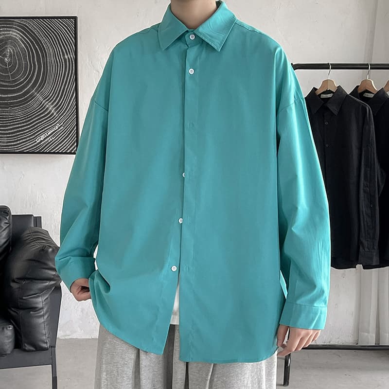 メンズ 黒 ファッション シャツ ゆったりシルエット長袖リラックスシャツ