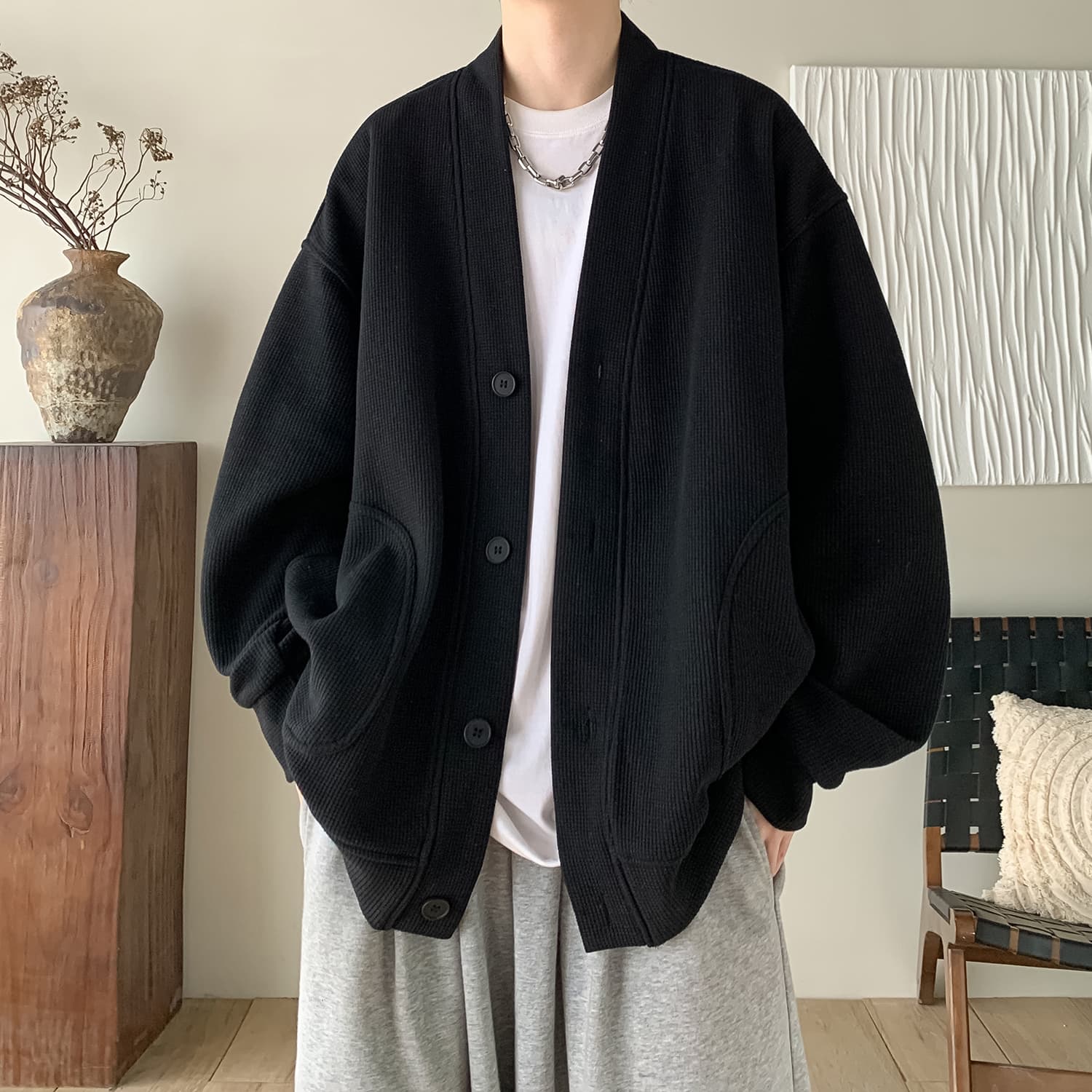 メンズ黒ファッション カーディガン リブ編みオーバーサイズ