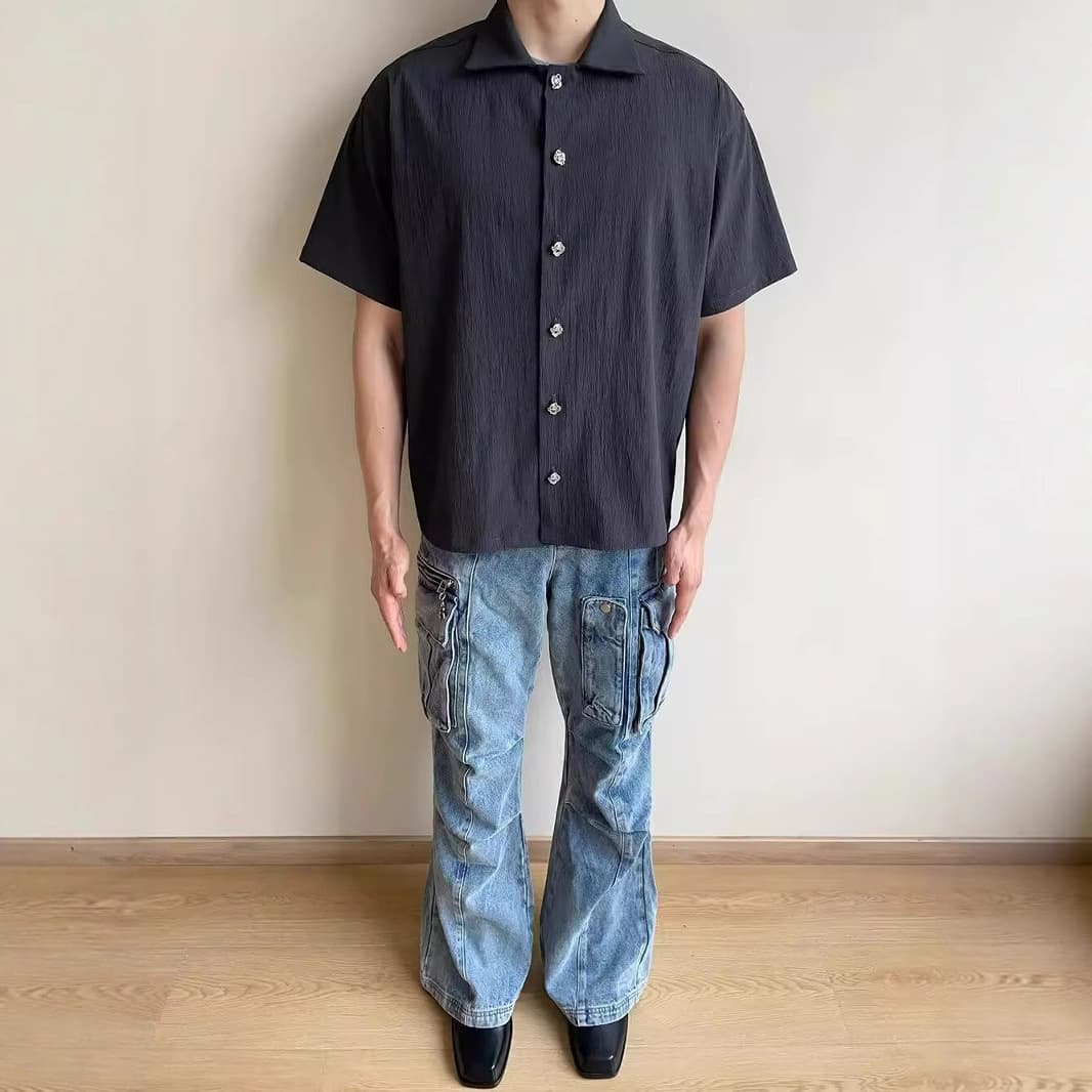 メンズ 黒 ファッション シンプル上質感半袖オープンカラーシャツ