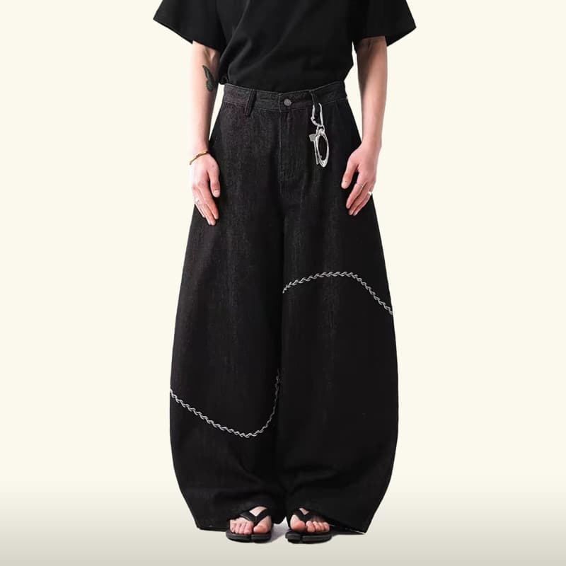 メンズ 黒 ファッション メンズ黒デニム刺繍入りワイドパンツ