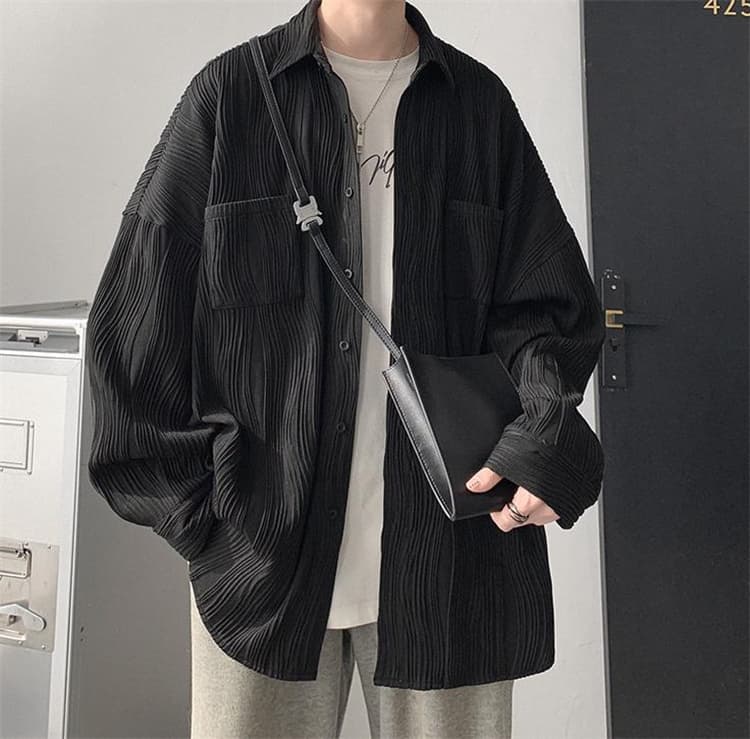 メンズ 黒 ファッション メンズ黒コーデュロイ風ゆったり長袖シャツ