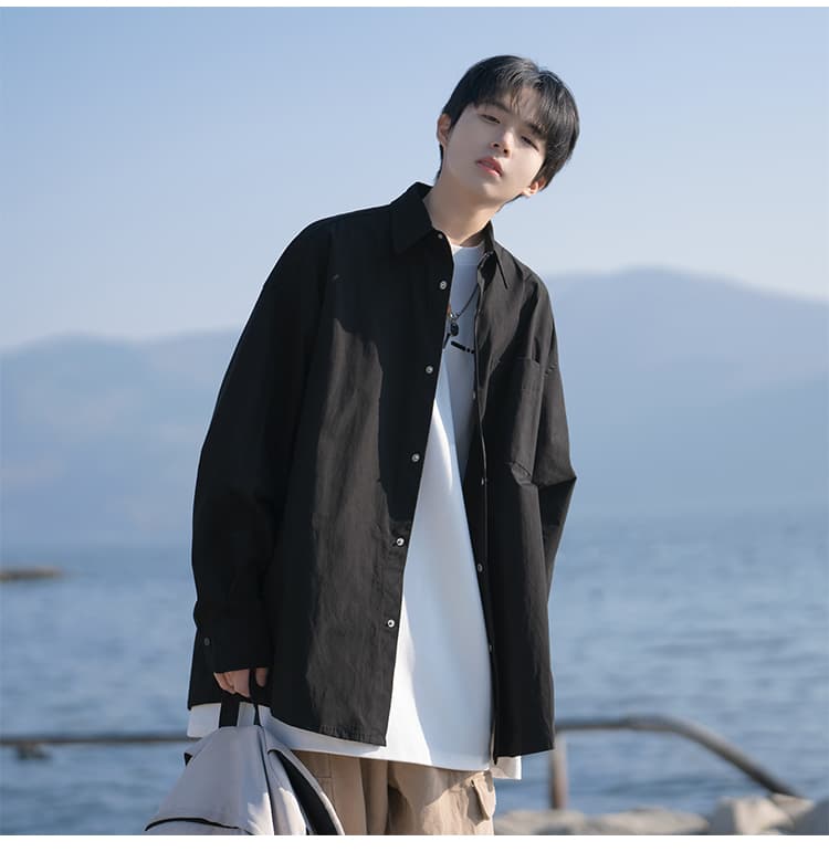 メンズ 黒 ファッション シャツ シンプル落ち感シャツ
