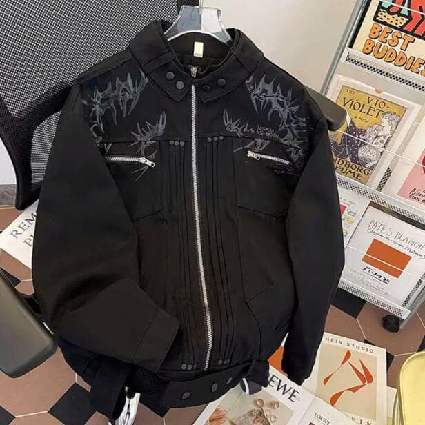 メンズ 黒 ファッション メンズ 黒 刺繍デザイン ブルゾンジャケット