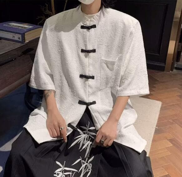 メンズ 黒 ファッション メンズ黒中国風半袖シャツ和装カジュアルトップス