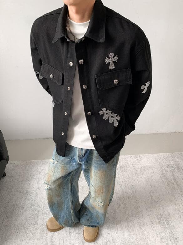 メンズ 黒 ファッション 秋冬メンズ黒デニムジャケット刺繍入り