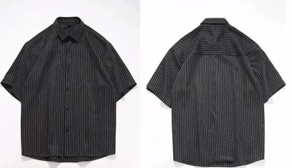 メンズ 黒 ファッション メンズ黒縦縞半袖シャツ
