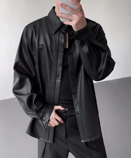 メンズ 黒 ファッション 黒合皮長袖シャツ 男性用カジュアルトップス
