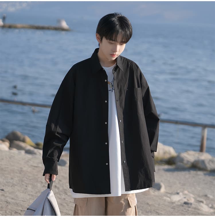 メンズ 黒 ファッション シャツ シンプル落ち感シャツ