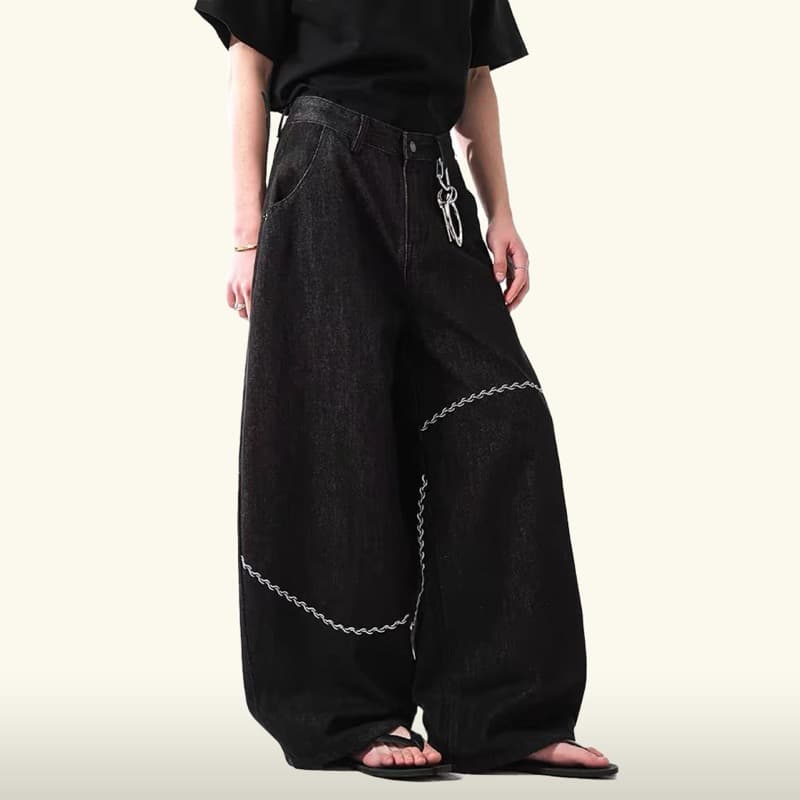 メンズ 黒 ファッション メンズ黒デニム刺繍入りワイドパンツ
