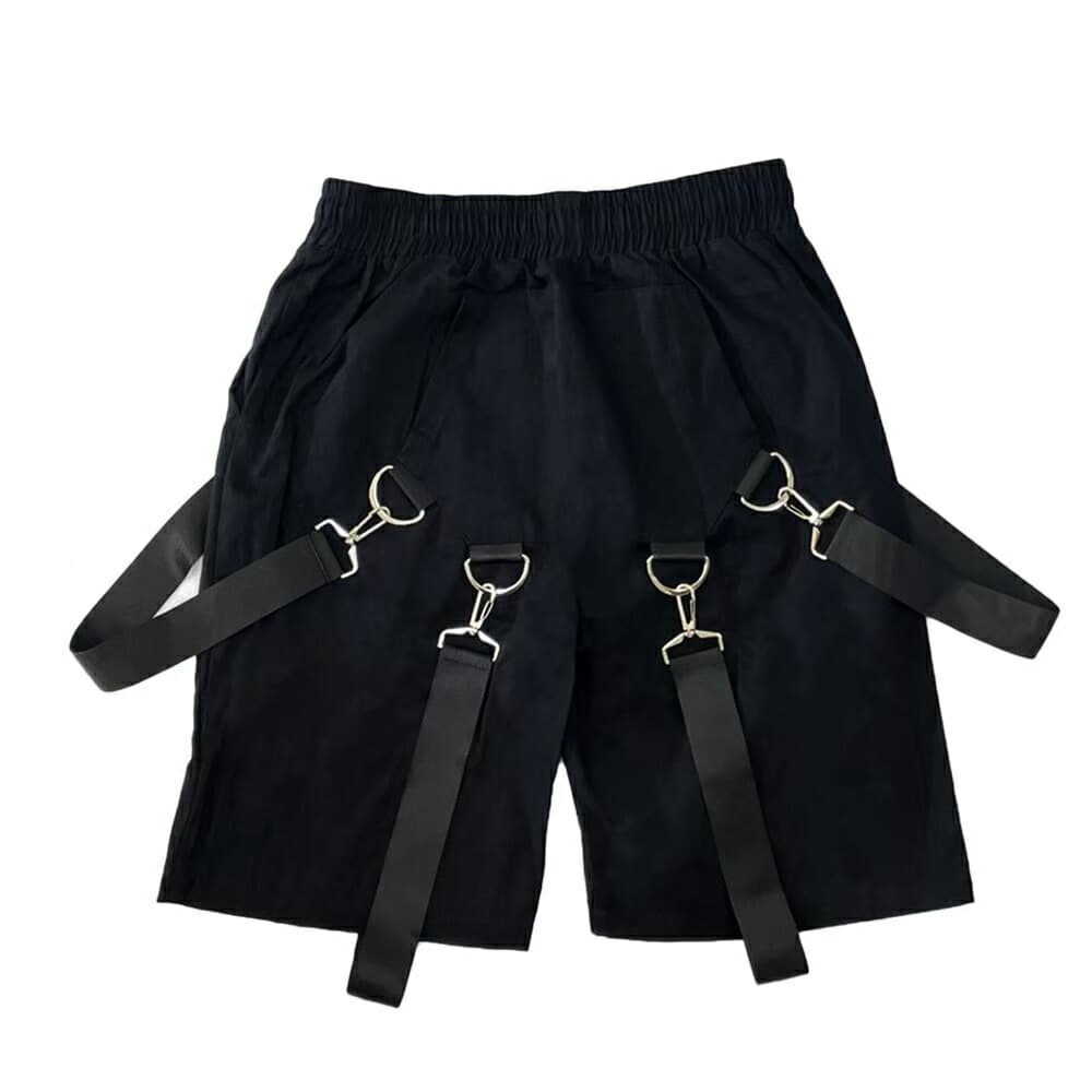 メンズ 黒 ファッション 黒カーゴハーフパンツ ベルト付き膝丈ボトムス