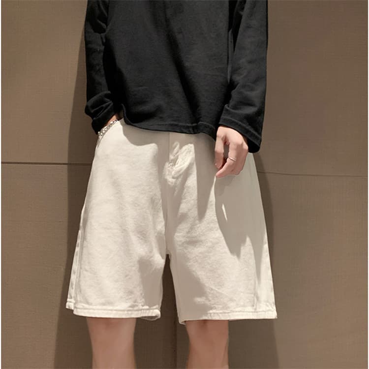 メンズ 黒 ファッション メンズ黒デニムショートパンツゆったりストレート