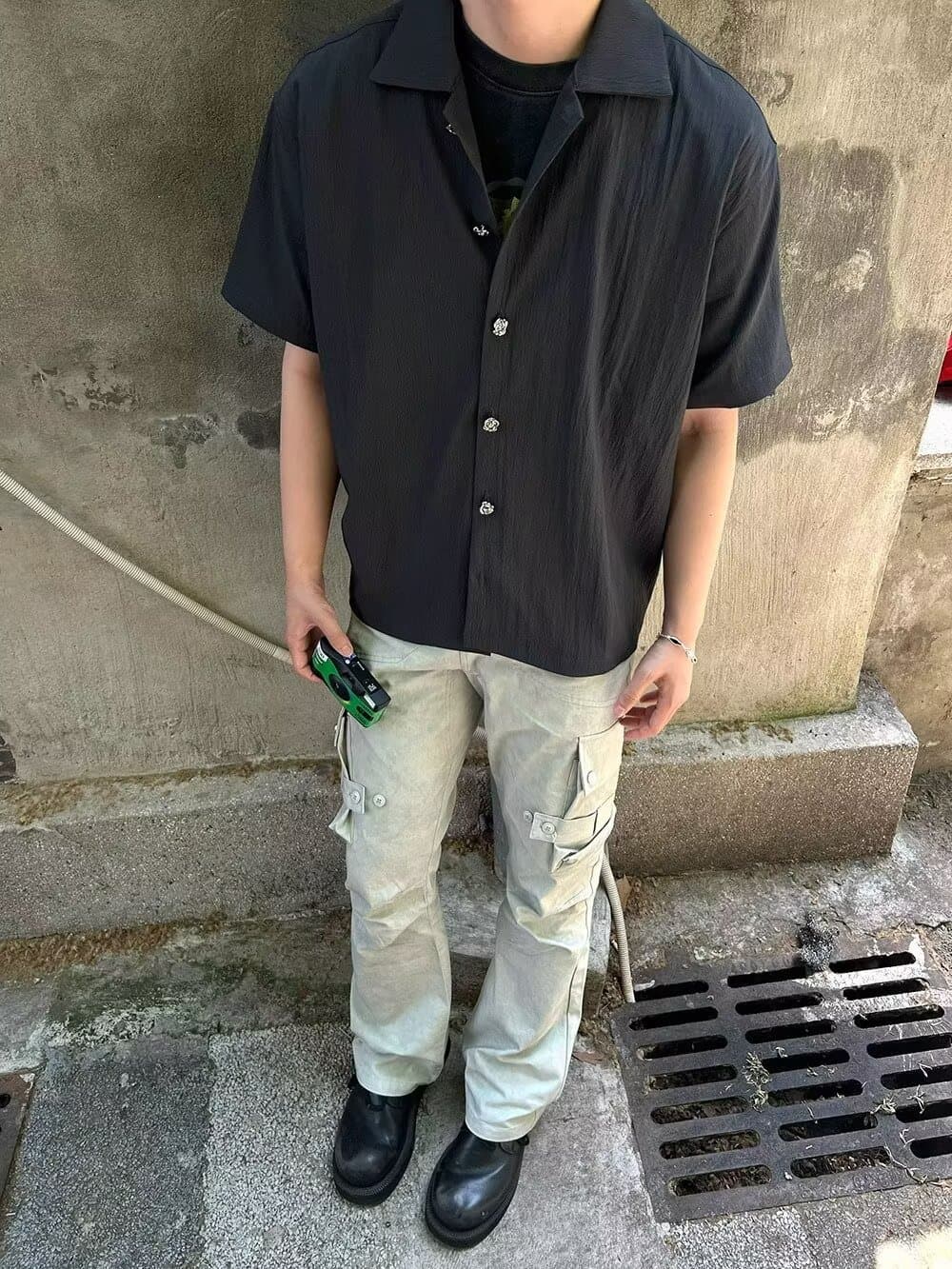 メンズ 黒 ファッション シンプル上質感半袖オープンカラーシャツ