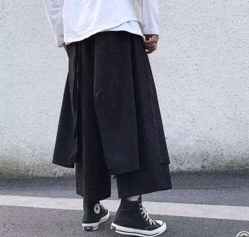 メンズ 黒 ファッション 暗黒系レイヤード九分丈ワイドパンツ