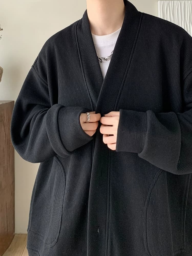 メンズ黒ファッション カーディガン リブ編みオーバーサイズ